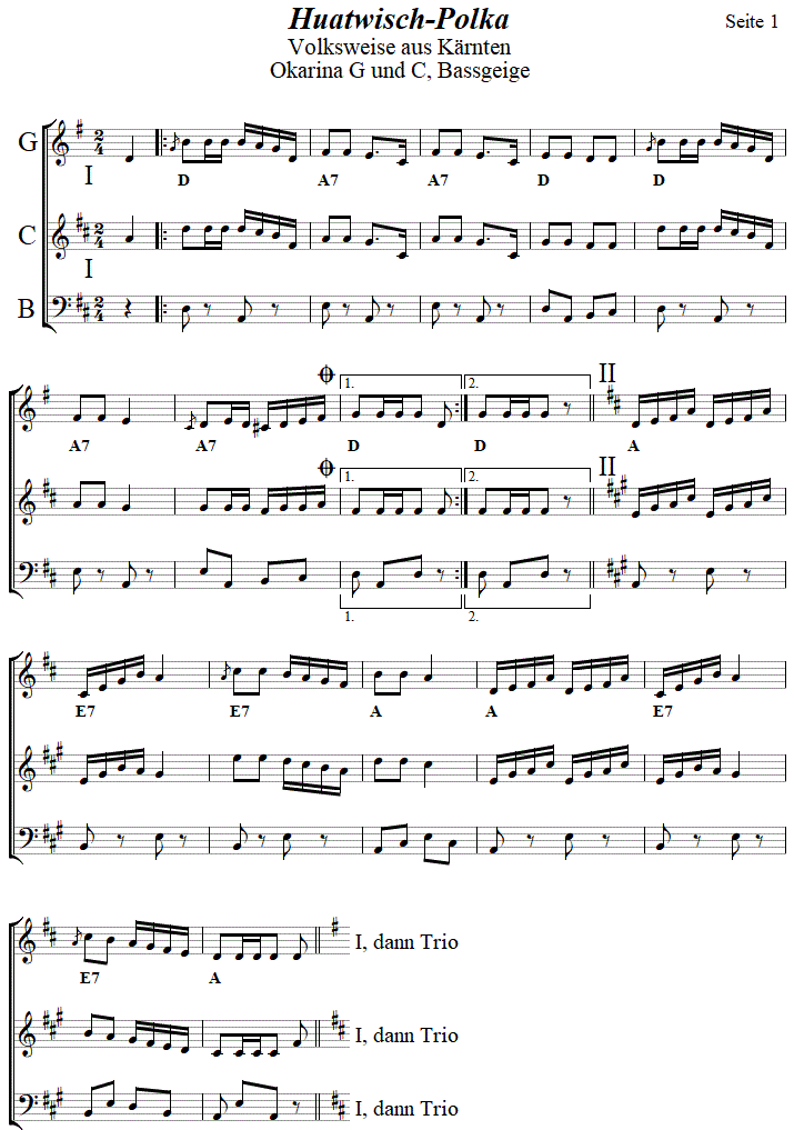 Huatwisch-Polka in zweistimmigen Noten fr Okarina, Seite 1. 
Bitte klicken, um die Melodie zu hren.