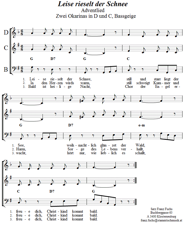 Leise rieselt der Schee, Krippenlied in zweistimmigen Noten fr Okarina, Seite 1. 
Bitte klicken, um die Melodie zu hren.