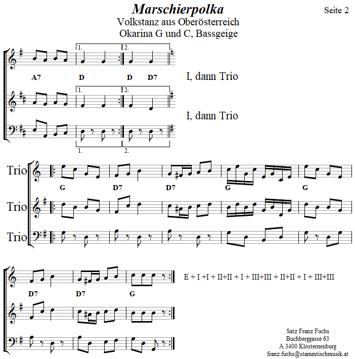 Marschierpolka, Seite 2, in zweistimmigen Noten fr Okarina. 
Bitte klicken, um die Melodie zu hren.