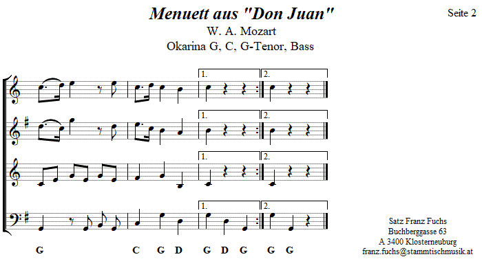 Menuett aus Don Juan in vierstimmigen Noten fr Okarina, Seite 2. 
Bitte klicken, um die Melodie zu hren.