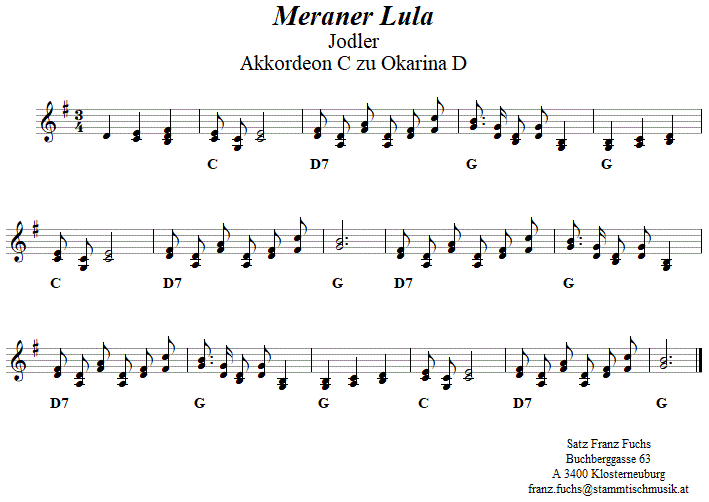 Meraner Lula, Jodler, Begleitstimme fr Akkordeon zur Okarina, Seite 1. 
Bitte klicken, um die Melodie zu hren.