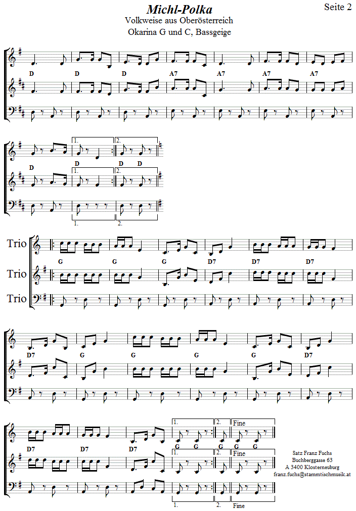 Michl-Polka in zweistimmigen Noten fr Okarina, Seite 2. 
Bitte klicken, um die Melodie zu hren.