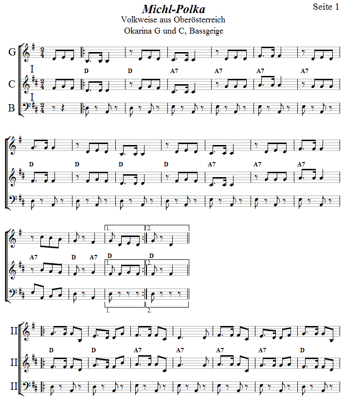 Michl-Polka in zweistimmigen Noten fr Okarina, Seite 1. 
Bitte klicken, um die Melodie zu hren.