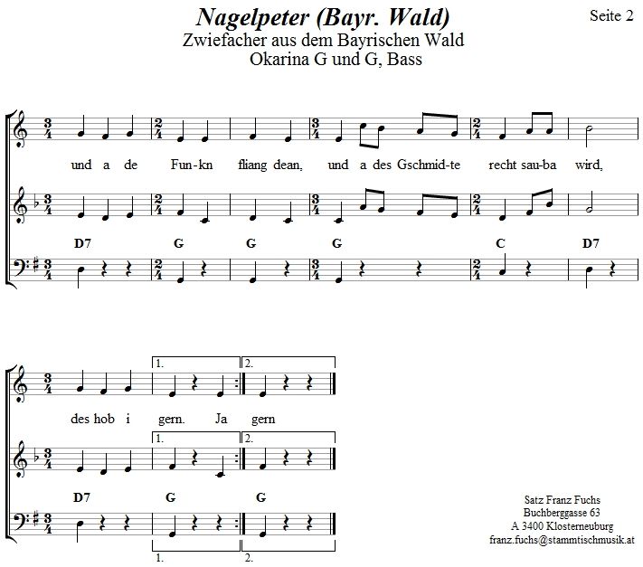 Nagelpeter aus dem Bayrischen Wald in zweistimmigen Noten fr Okarina, Seite 2. 
Bitte klicken, um die Melodie zu hren.