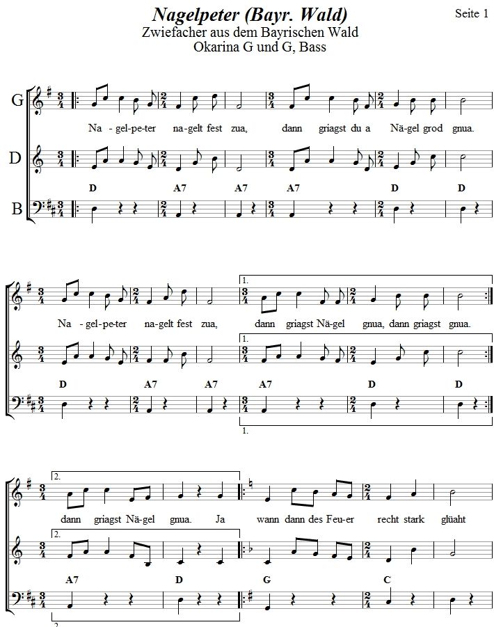 Nagelpeter aus dem Bayrischen Wald in zweistimmigen Noten fr Okarina, Seite 1. 
Bitte klicken, um die Melodie zu hren.
