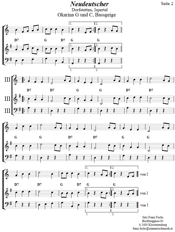 Neudeutscher in zweistimmigen Noten fr Okarina, Seite 2. 
Bitte klicken, um die Melodie zu hren.