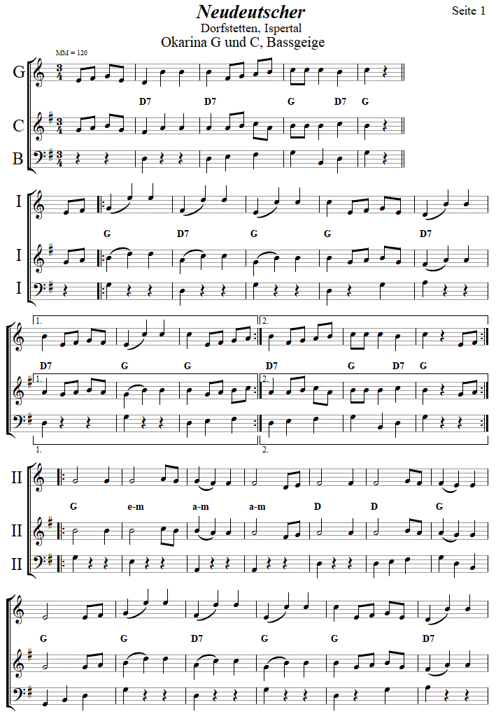Neudeutscher in zweistimmigen Noten fr Okarina, Seite 1. 
Bitte klicken, um die Melodie zu hren.