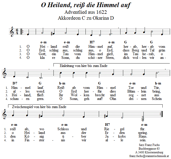 O Heiland, rei die Himmel auf, Adventlied, Begleitstimme fr Akkordeon zur Okarina. 
Bitte klicken, um die Melodie zu hren.