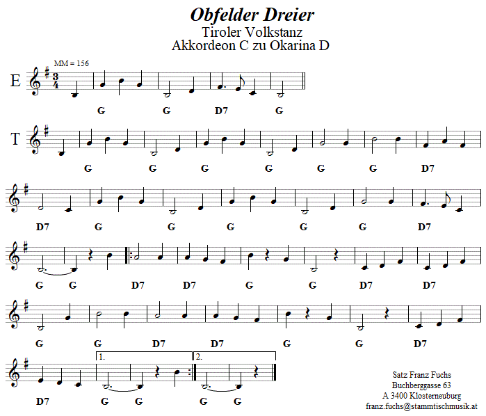 Obfelder Dreier, Begleitstimme fr Akkordeon zur Okarina. 
Bitte klicken, um die Melodie zu hren.