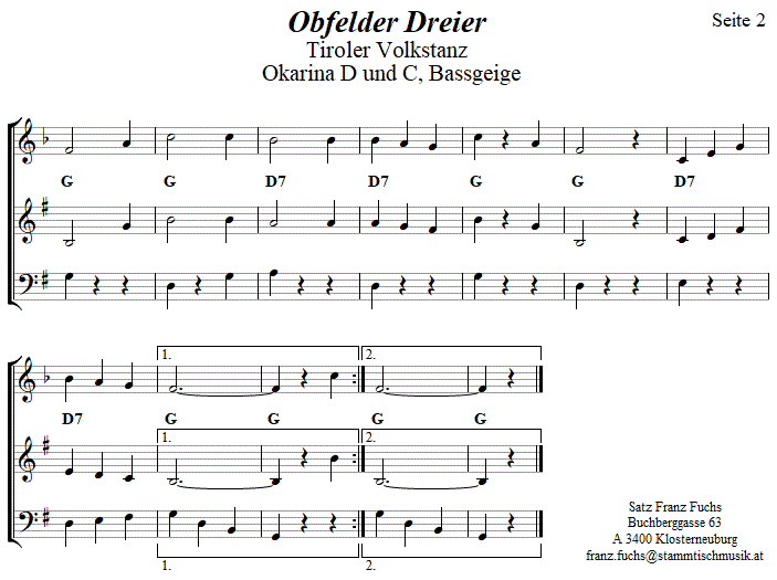 Obfelder Dreier, in zweistimmigen Noten fr Okarina, Seite 2. 
Bitte klicken, um die Melodie zu hren.