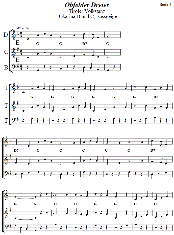 Obfelder Dreier, in zweistimmigen Noten fr Okarina, Seite 1. 
Bitte klicken, um die Melodie zu hren.