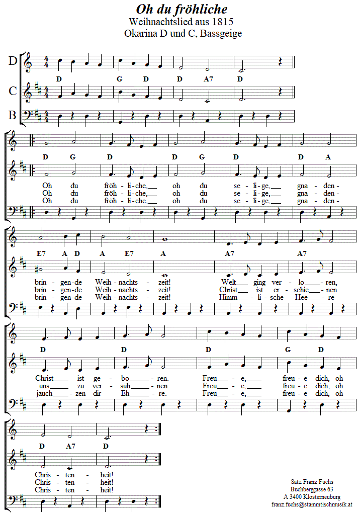 Oh du frhliche, Weihnachtslied in zweistimmigen Noten fr Okarina, Seite 1. 
Bitte klicken, um die Melodie zu hren.
