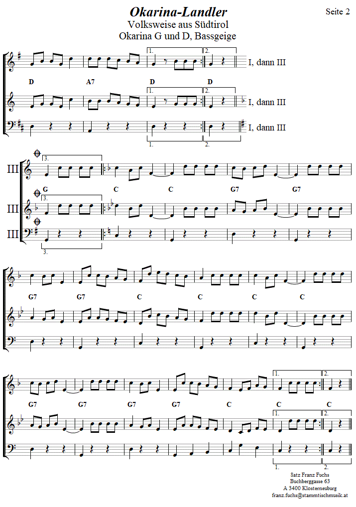 Okarinalandler in zweistimmigen Noten fr Okarina, Seite 2. 
Bitte klicken, um die Melodie zu hren.