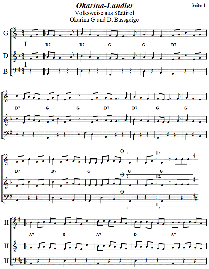 Okarinalandler in zweistimmigen Noten fr Okarina, Seite 1. 
Bitte klicken, um die Melodie zu hren.
