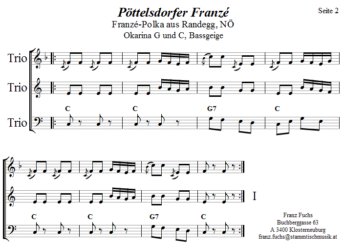 Pttelsdorfer Franzee  in zweistimmigen Noten fr Okarina, Seite 2. 
Bitte klicken, um die Melodie zu hren.