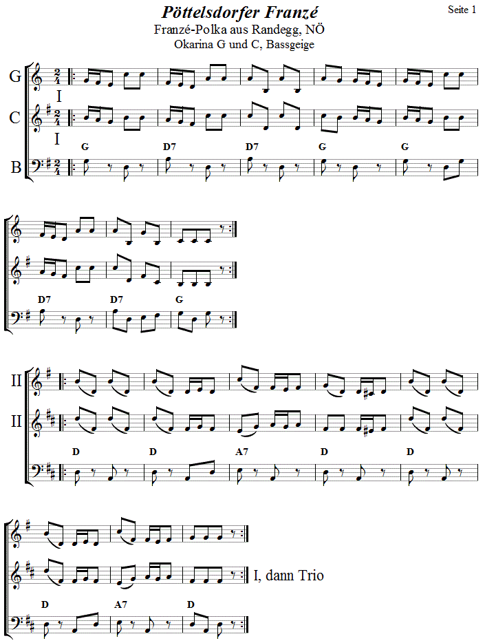 Pttelsdorfer Franzee  in zweistimmigen Noten fr Okarina, Seite 1. 
Bitte klicken, um die Melodie zu hren.