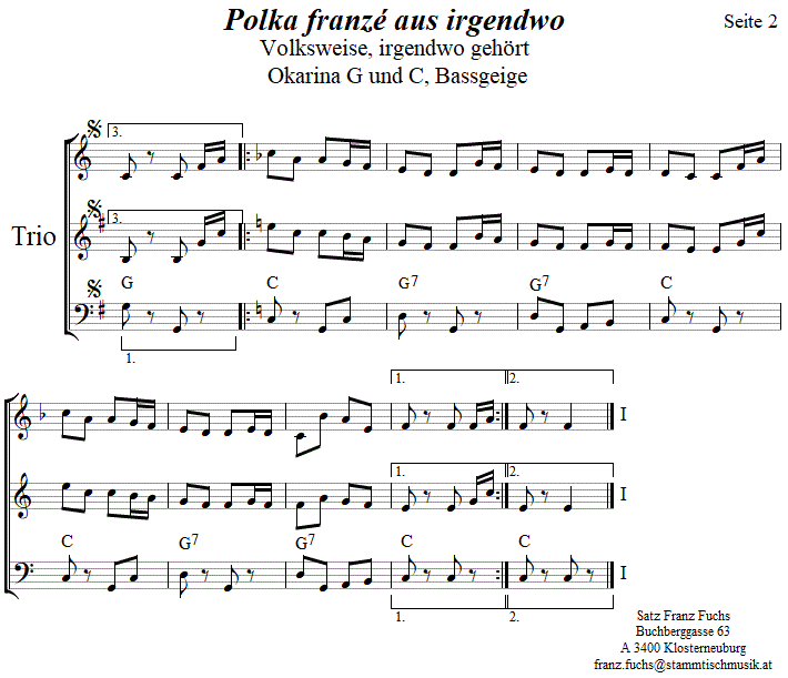 Polka franze aus Irgendwo  in zweistimmigen Noten fr Okarina, Seite 2. 
Bitte klicken, um die Melodie zu hren.