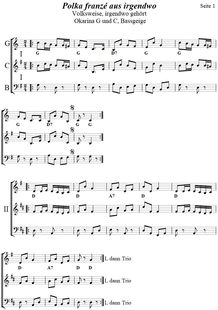 Polka franze aus Irgendwo  in zweistimmigen Noten fr Okarina, Seite 1. 
Bitte klicken, um die Melodie zu hren.