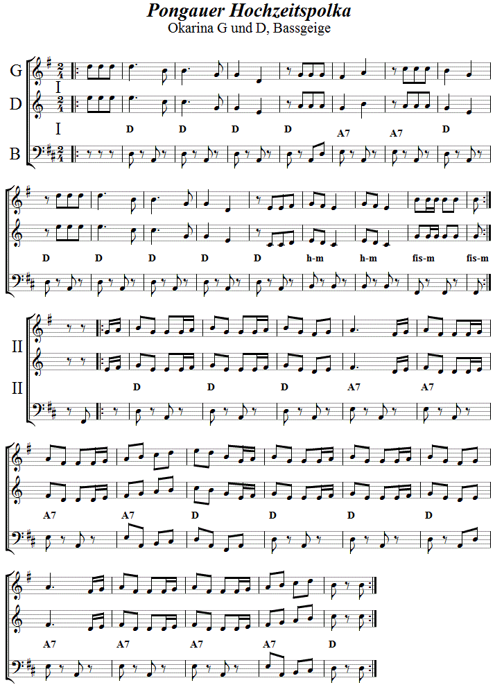 Pongauer Hochzeitspolka  in zweistimmigen Noten fr Okarina, Seite 1. 
Bitte klicken, um die Melodie zu hren.