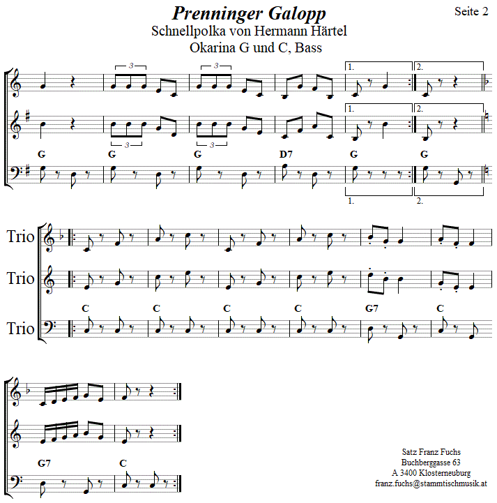 Prenninger Galopp  in zweistimmigen Noten fr Okarina, Seite 2. 
Bitte klicken, um die Melodie zu hren.