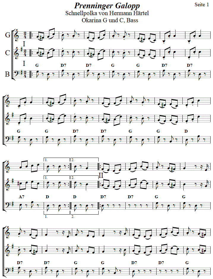 Prenninger Galopp in zweistimmigen Noten fr Okarina, Seite 1. 
Bitte klicken, um die Melodie zu hren.