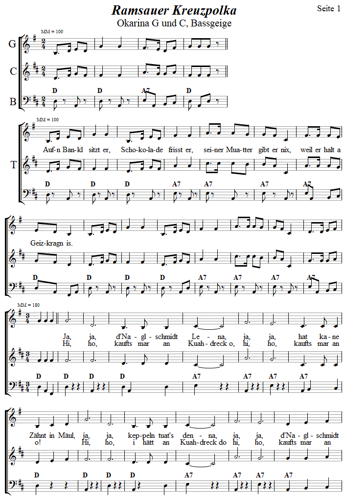 Ramsauer Kreuzpolka, Seite 1, in zweistimmigen Noten fr Okarina. 
Bitte klicken, um die Melodie zu hren.