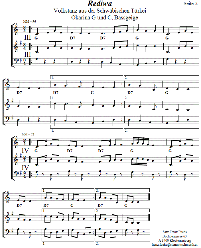 Rediwa in zweistimmigen Noten fr Okarina, Seite 2. 
Bitte klicken, um die Melodie zu hren.
