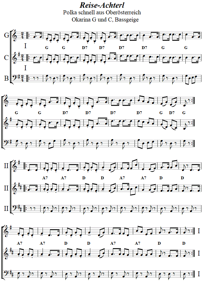 Reiseachterl in zweistimmigen Noten fr Okarina, Seite 1. 
Bitte klicken, um die Melodie zu hren.