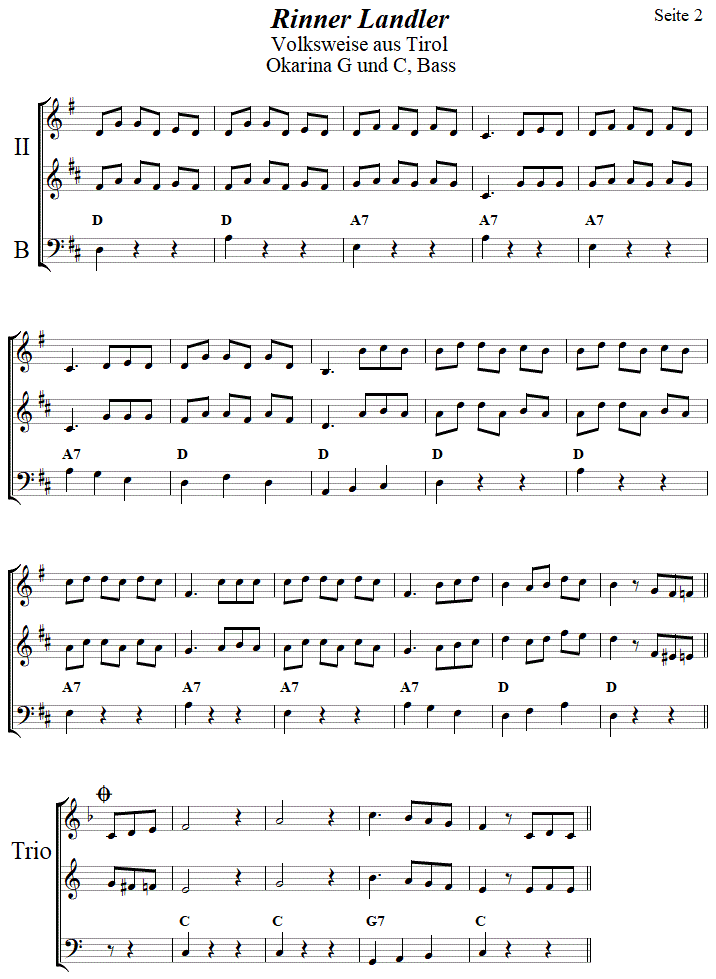 Rinner Landler in zweistimmigen Noten fr Okarina, Seite 2. 
Bitte klicken, um die Melodie zu hren.