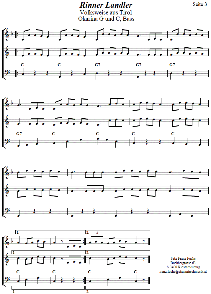 Rinner Landler in zweistimmigen Noten fr Okarina, Seite 3. 
Bitte klicken, um die Melodie zu hren.