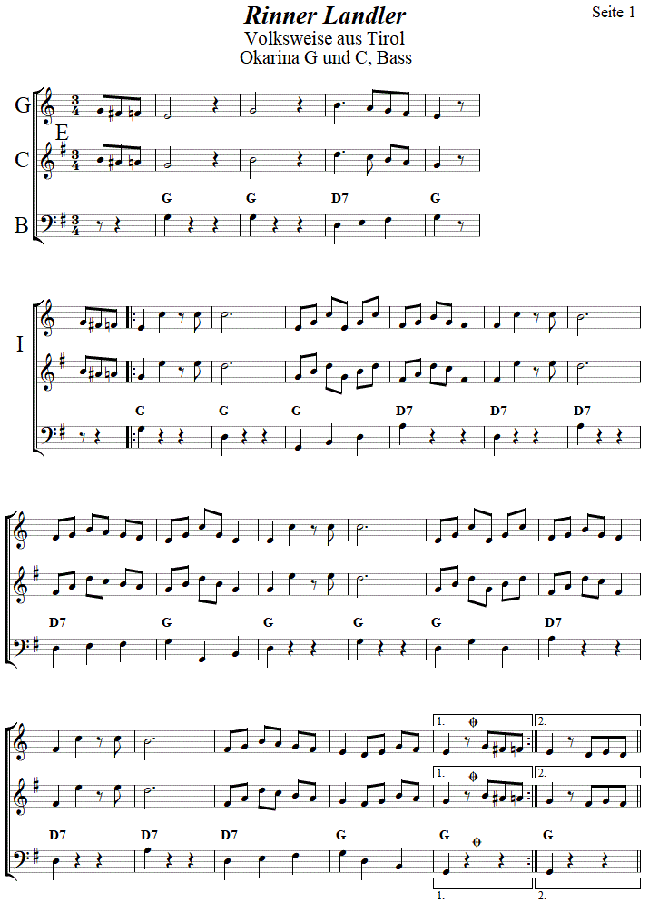 Rinner Landler in zweistimmigen Noten fr Okarina, Seite 1. 
Bitte klicken, um die Melodie zu hren.