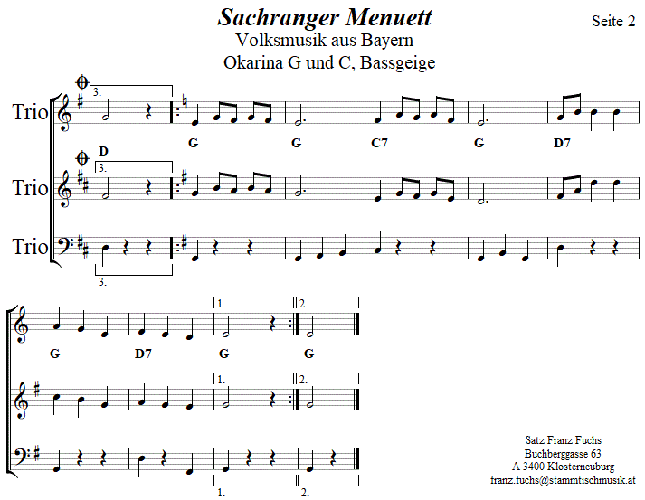 Sachranger Menuett in zweistimmigen Noten fr Okarina, Seite 2. 
Bitte klicken, um die Melodie zu hren.