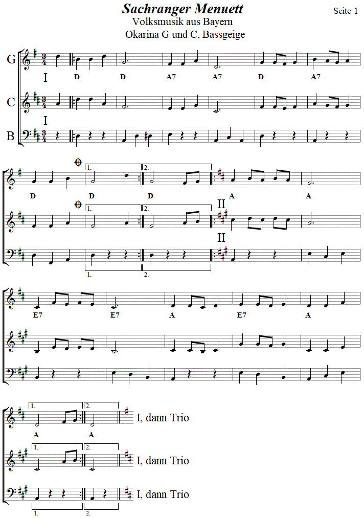 Sachranger Menuett in zweistimmigen Noten fr Okarina, Seite 1. 
Bitte klicken, um die Melodie zu hren.