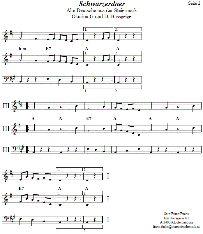 Schwarzerdner in zweistimmigen Noten fr Okarina, Seite 2. 
Bitte klicken, um die Melodie zu hren.