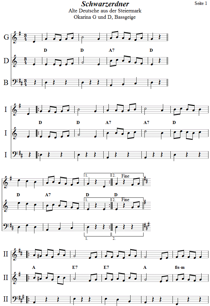 Schwarzerdner  in zweistimmigen Noten fr Okarina, Seite 1. 
Bitte klicken, um die Melodie zu hren.