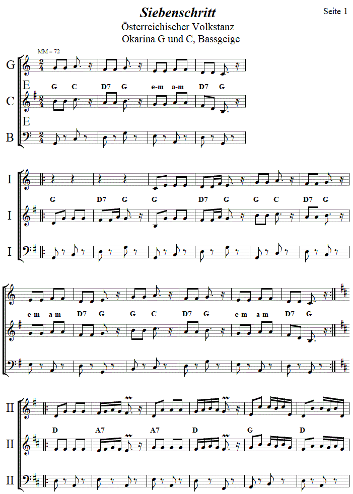 Siebenschritt in zweistimmigen Noten fr Okarina, Seite 1. 
Bitte klicken, um die Melodie zu hren.