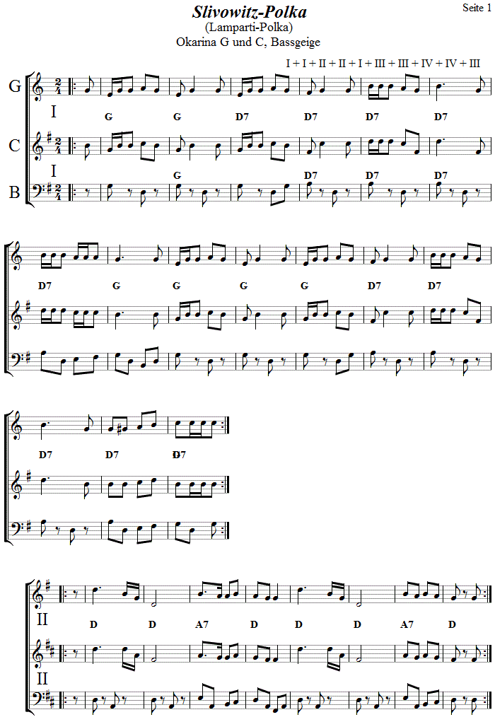 Slivowitz-Polka  in zweistimmigen Noten fr Okarina, Seite 1. 
Bitte klicken, um die Melodie zu hren.