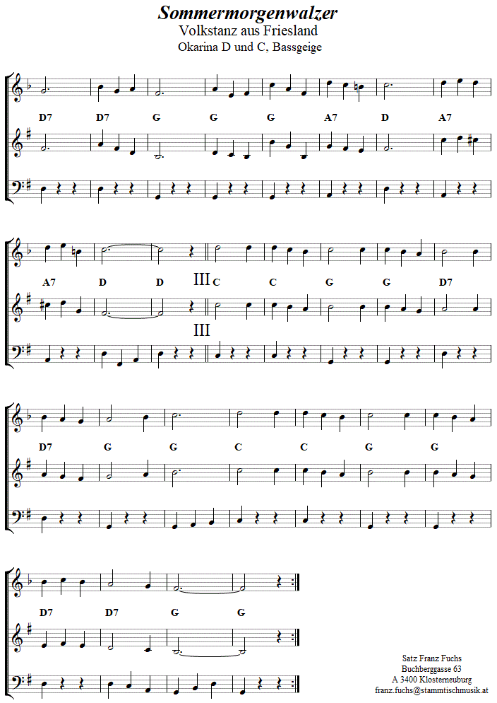 Sommermorgenwalzer in zweistimmigen Noten fr Okarina, Seite 2. 
Bitte klicken, um die Melodie zu hren.