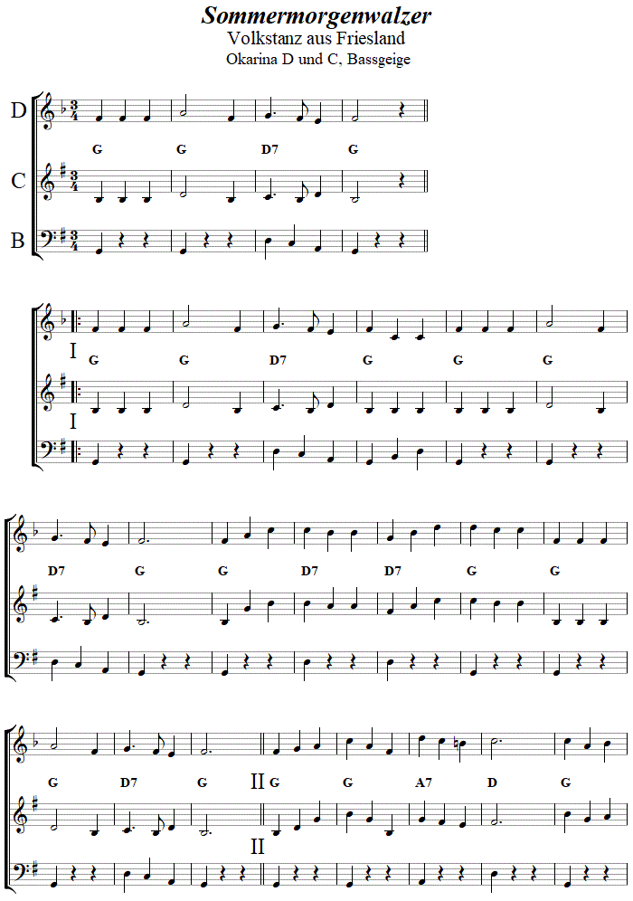 Sommermorgenwalzer in zweistimmigen Noten fr Okarina, Seite 1. 
Bitte klicken, um die Melodie zu hren.