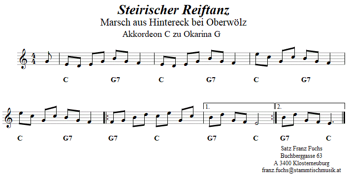 Steirischer Reiftan (Marsch aus Hintereck), Begleitstimme fr Akkordeon zur Okarina. 
Bitte klicken, um die Melodie zu hren.
