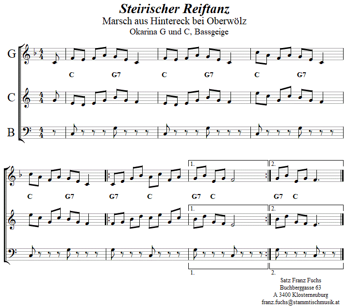 Steirischer Reiftan (Marsch aus Hintereck) in zweistimmigen Noten fr Okarina, Seite 1. 
Bitte klicken, um die Melodie zu hren.