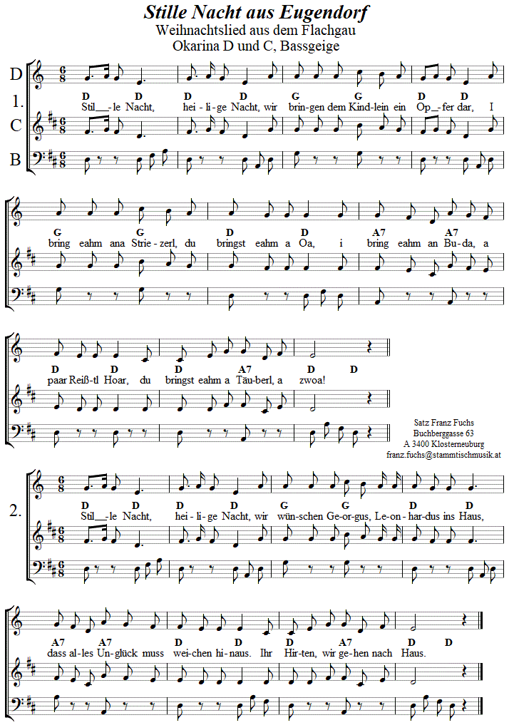 Stille Nacht aus Eugendorf, Weihnachtslied in zweistimmigen Noten fr Okarina, Seite 1. 
Bitte klicken, um die Melodie zu hren.