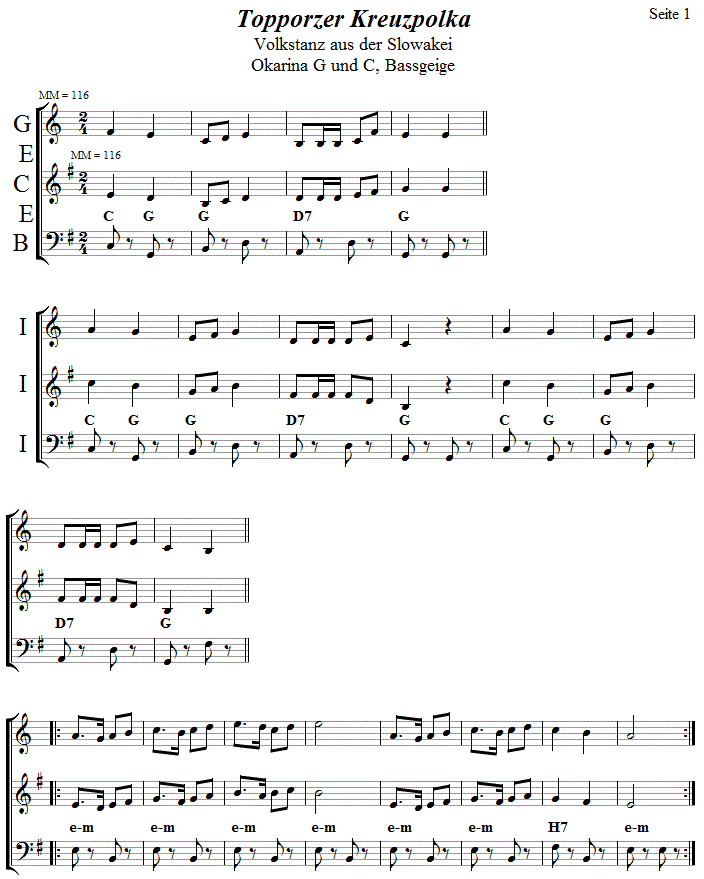 Topporzer Kreuzpolka in zweistimmigen Noten fr Okarina, Seite 1. 
Bitte klicken, um die Melodie zu hren.