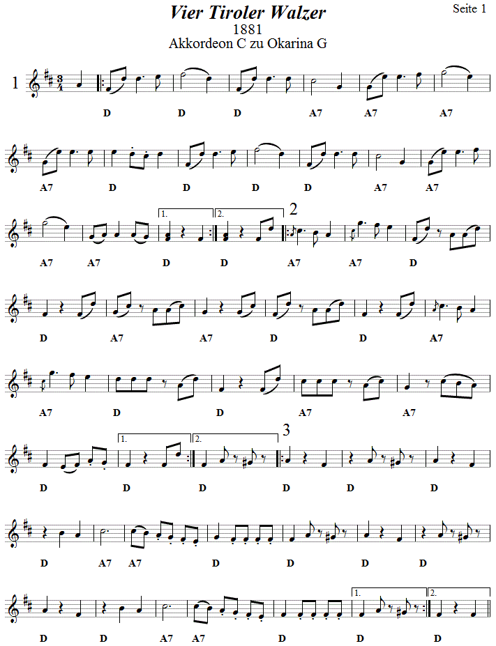 Vier Tiroler Walzer, Begleitstimme fr Akkordeon zur Okarina, Seite 1. 
Bitte klicken, um die Melodie zu hren.