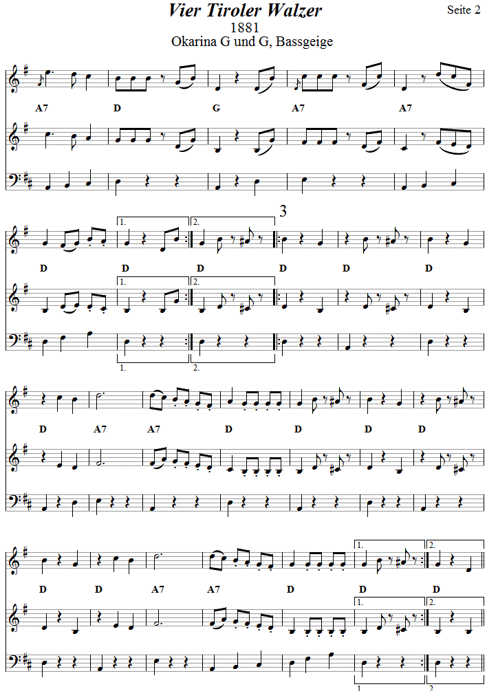 Vier Tiroler Walzer in zweistimmigen Noten fr Okarina, Seite 2. 
Bitte klicken, um die Melodie zu hren.