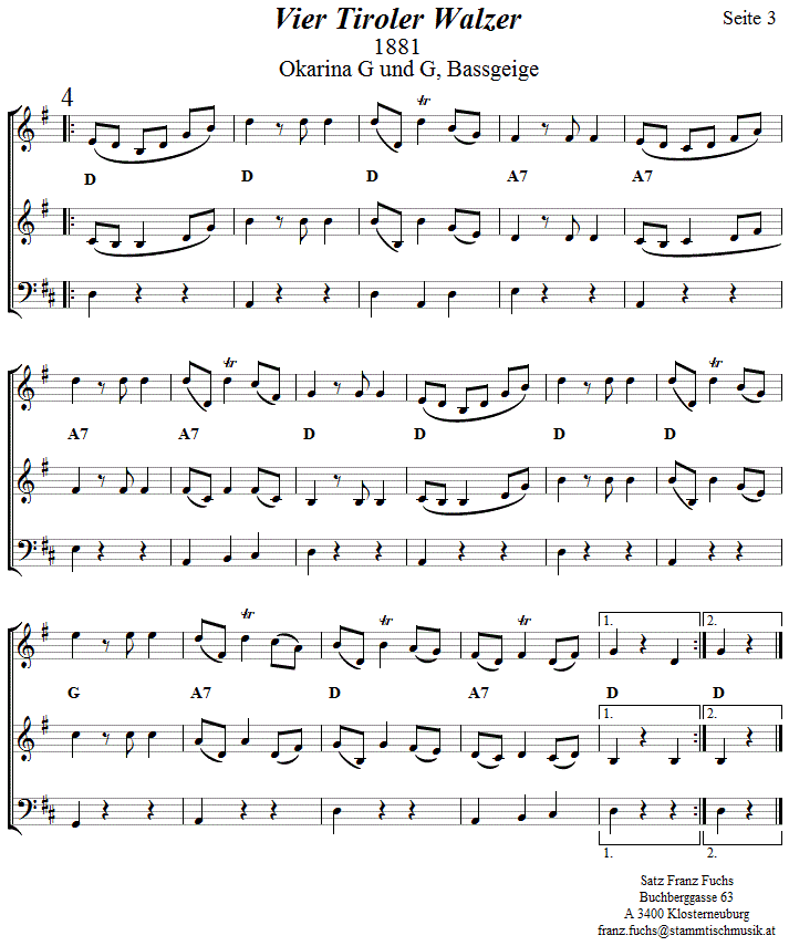 Vier Tiroler Walzer in zweistimmigen Noten fr Okarina, Seite 3. 
Bitte klicken, um die Melodie zu hren.