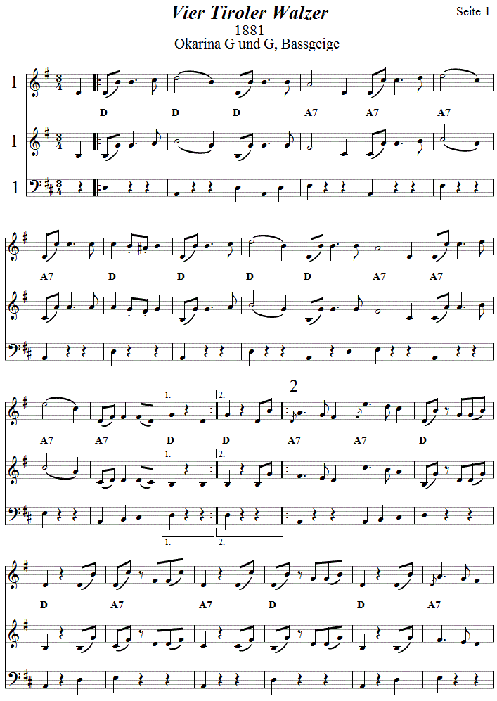 Vier Tiroler Walzer in zweistimmigen Noten fr Okarina, Seite 1. 
Bitte klicken, um die Melodie zu hren.