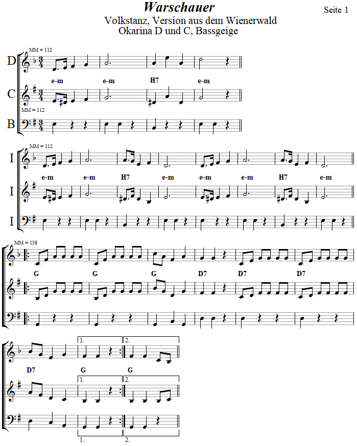 Warschauer in zweistimmigen Noten fr Okarina, Seite 1. 
Bitte klicken, um die Melodie zu hren.