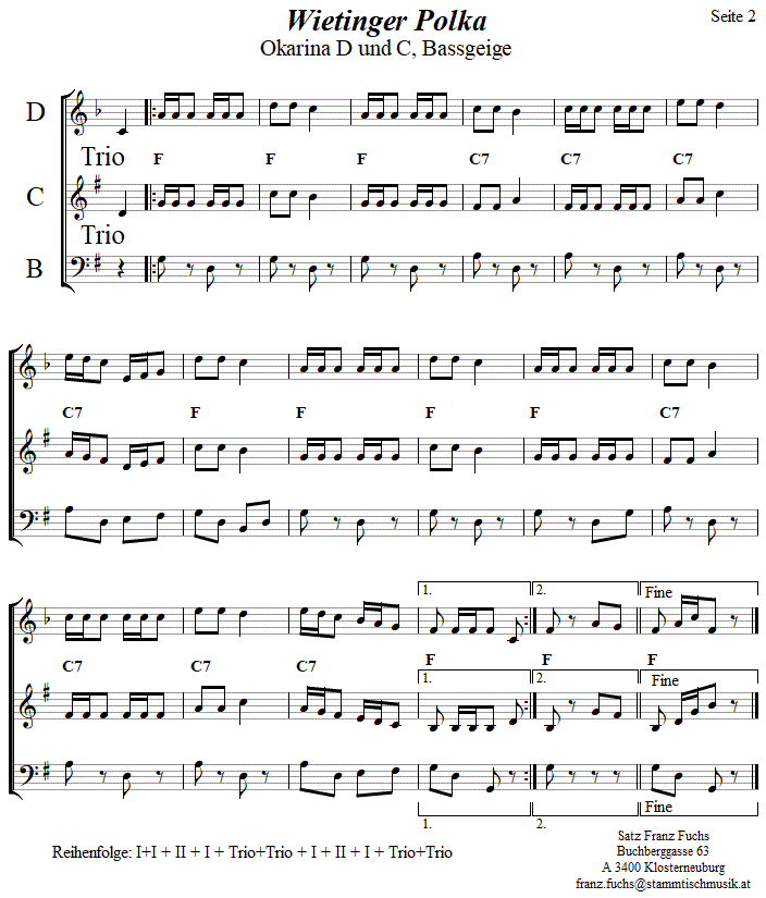 Wietiner Polka  in zweistimmigen Noten fr Okarina, Seite 2. 
Bitte klicken, um die Melodie zu hren.