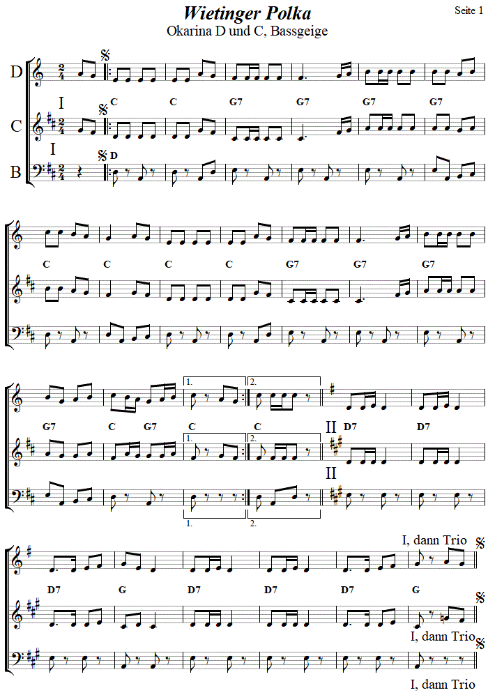 Wietinger Polka in zweistimmigen Noten fr Okarina, Seite 1. 
Bitte klicken, um die Melodie zu hren.